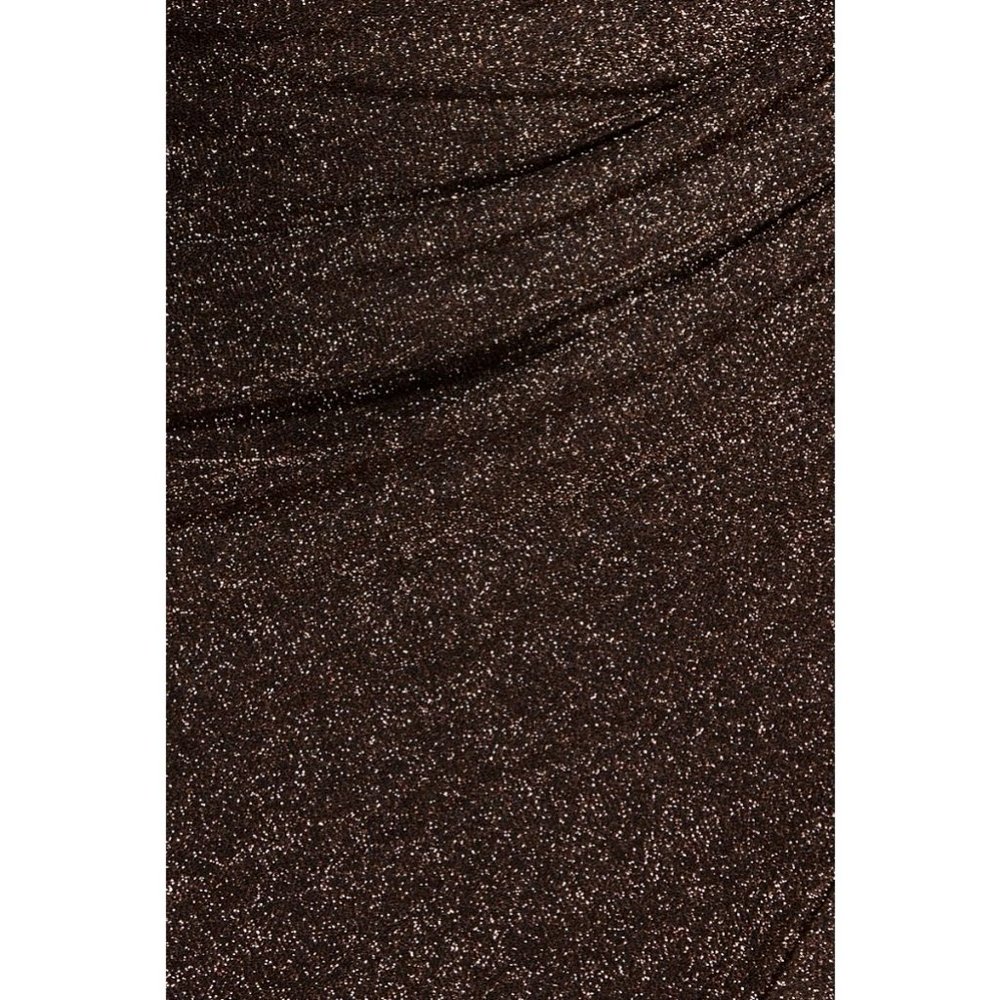 Brown Metallic Glitter Sleeveless V-Neck Ruched Wrap Detail Bodycon Mini Dress - Picture 12 of 13